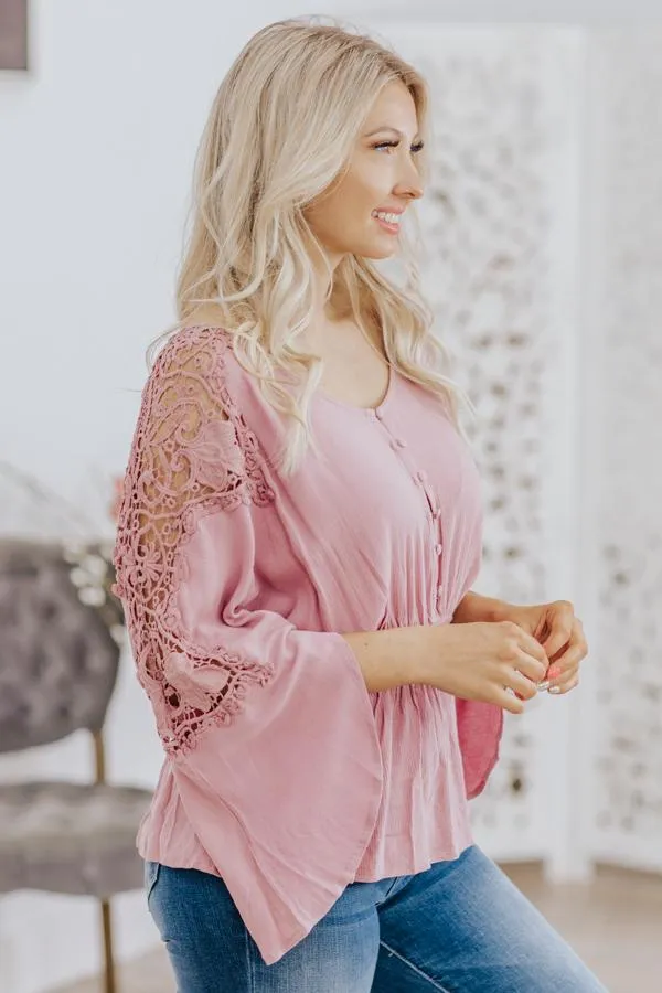 Faith, Hope, Love Lace Cinched Elastic Waist Button Down in Mauve