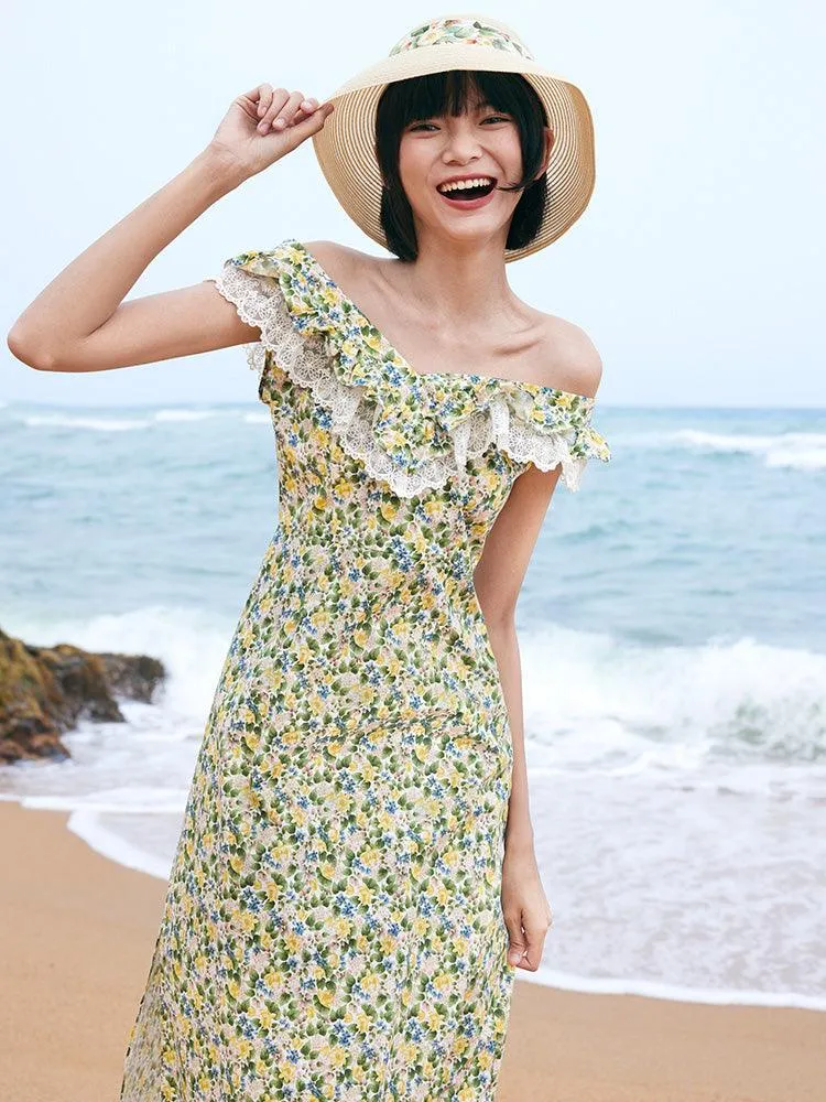 Floral Ruffle Neck Side Split Midi Dress