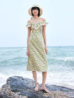 Floral Ruffle Neck Side Split Midi Dress