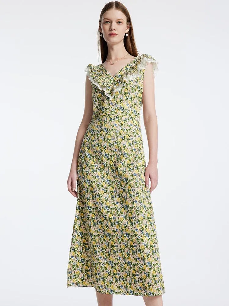 Floral Ruffle Neck Side Split Midi Dress