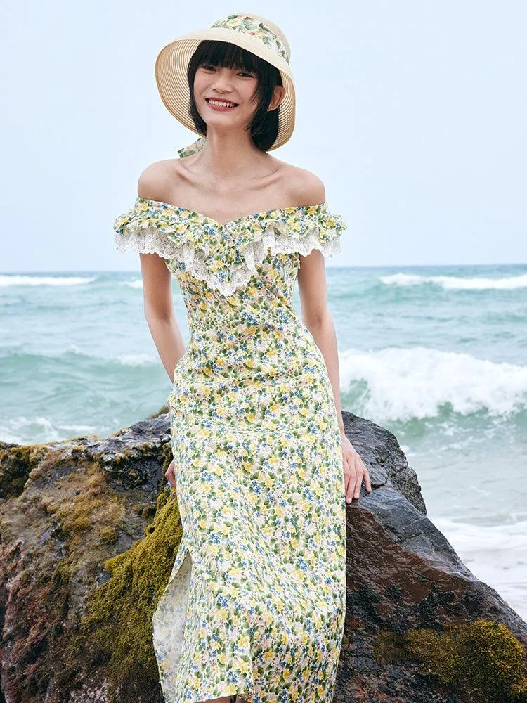 Floral Ruffle Neck Side Split Midi Dress