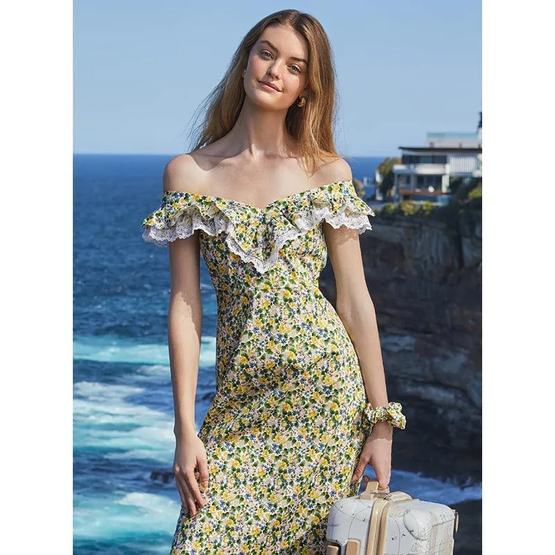 Floral Ruffle Neck Side Split Midi Dress
