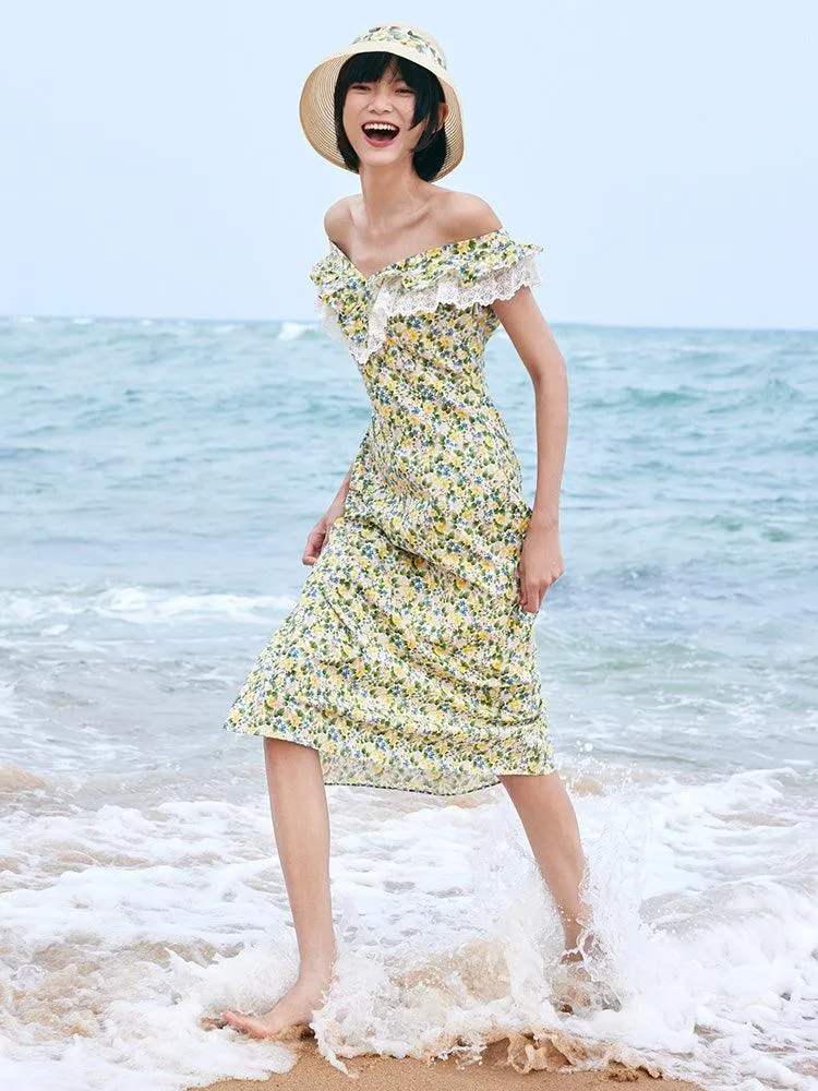 Floral Ruffle Neck Side Split Midi Dress
