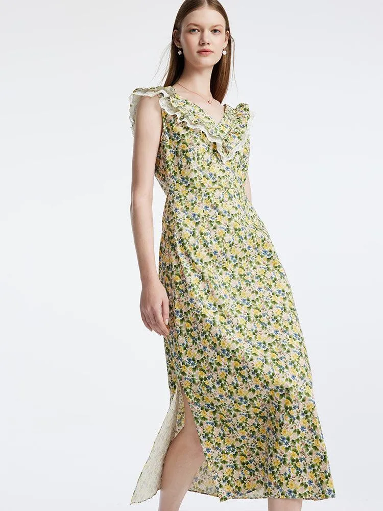 Floral Ruffle Neck Side Split Midi Dress