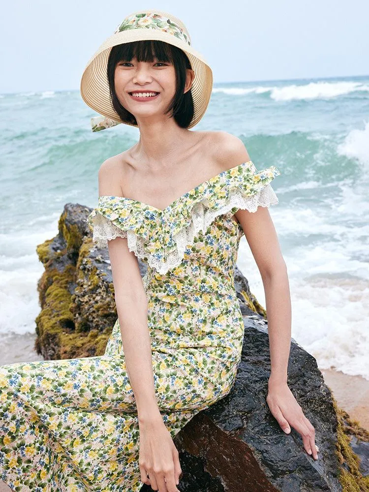 Floral Ruffle Neck Side Split Midi Dress