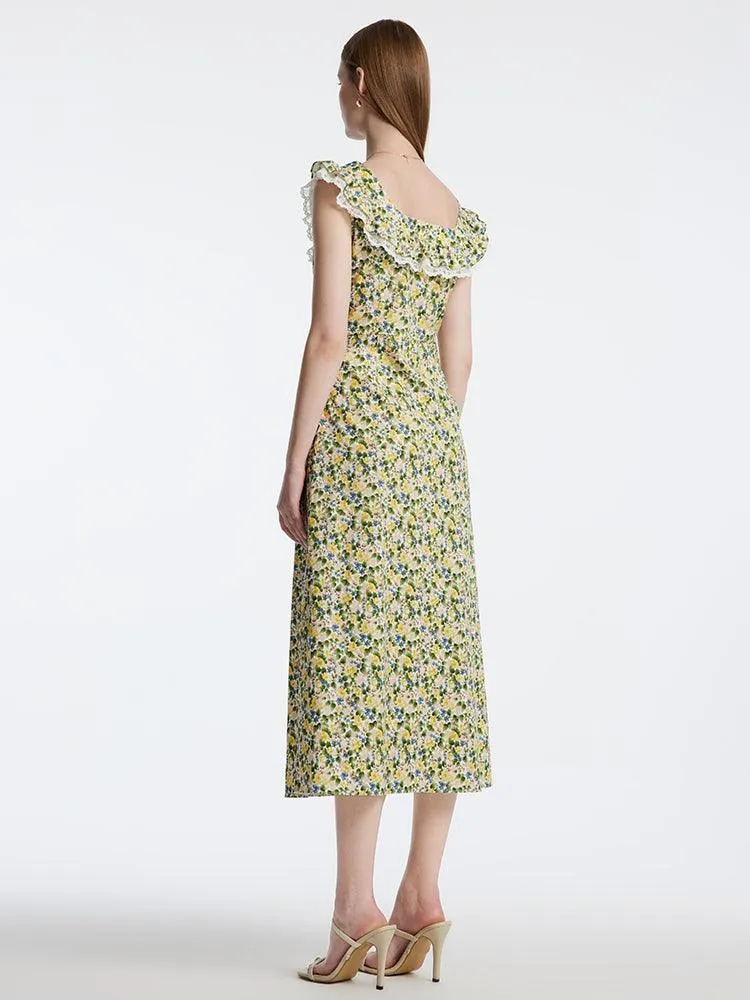 Floral Ruffle Neck Side Split Midi Dress