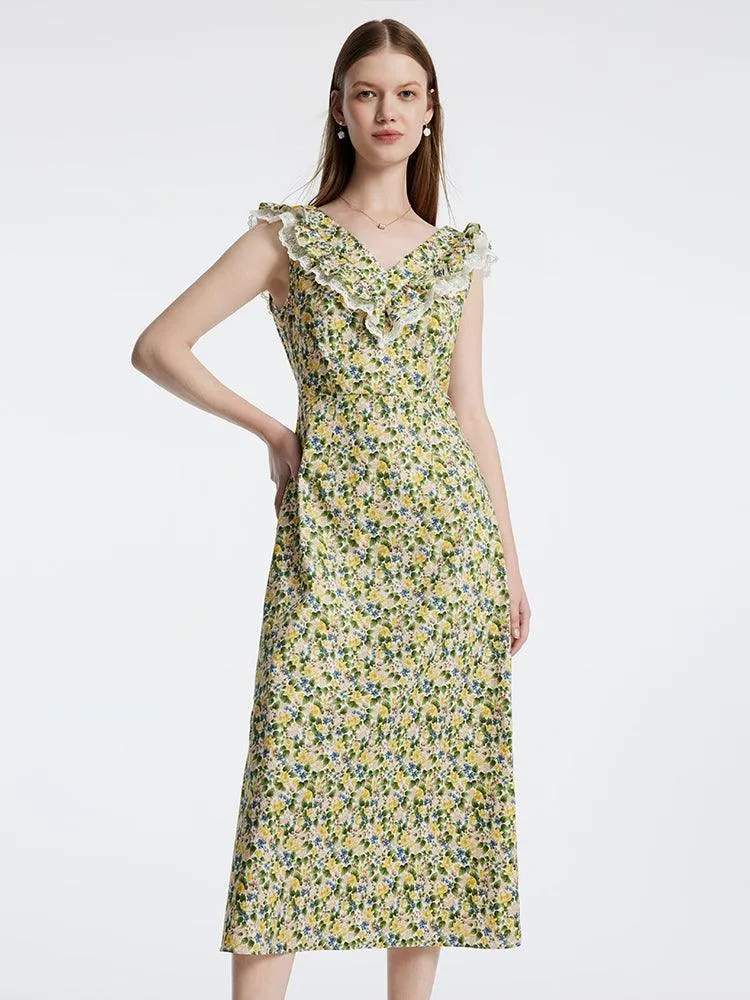 Floral Ruffle Neck Side Split Midi Dress