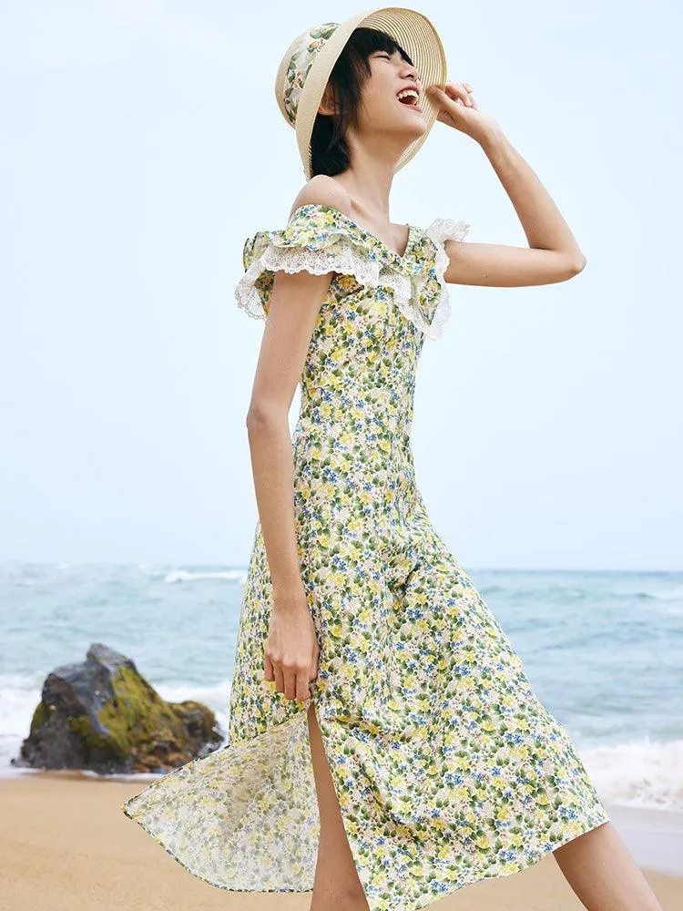 Floral Ruffle Neck Side Split Midi Dress