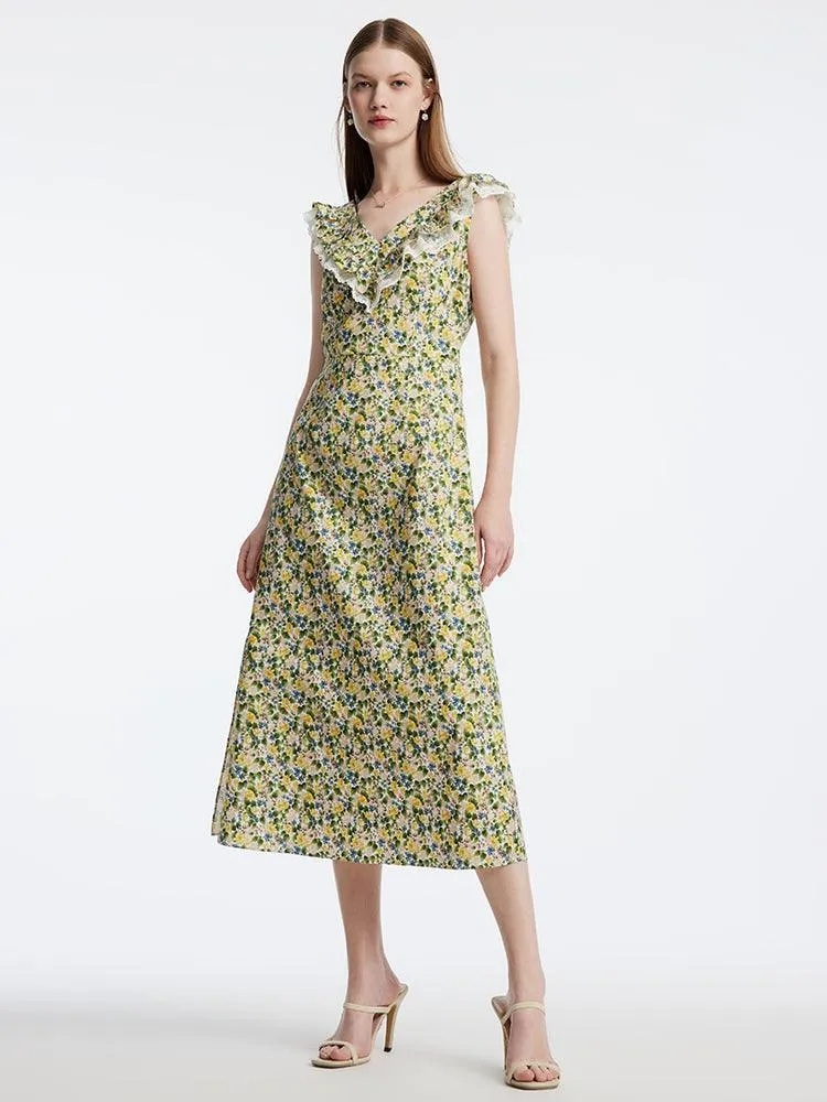 Floral Ruffle Neck Side Split Midi Dress