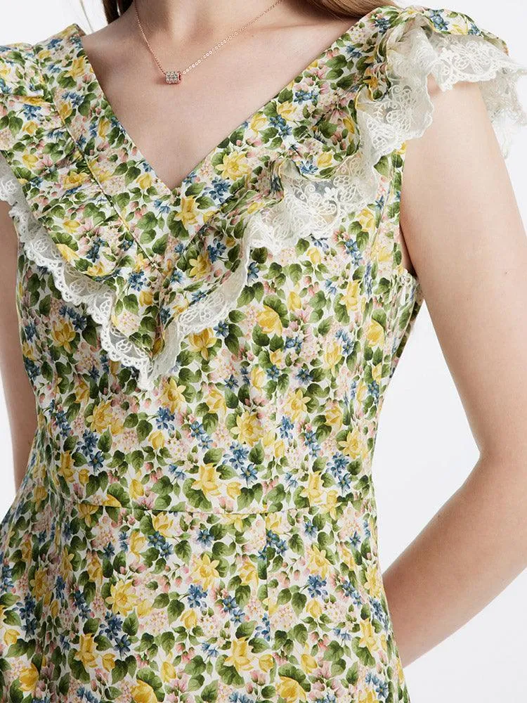Floral Ruffle Neck Side Split Midi Dress