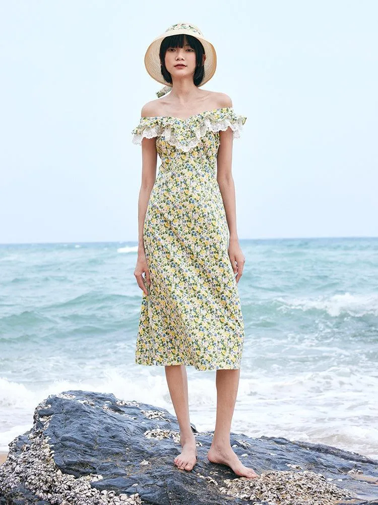 Floral Ruffle Neck Side Split Midi Dress