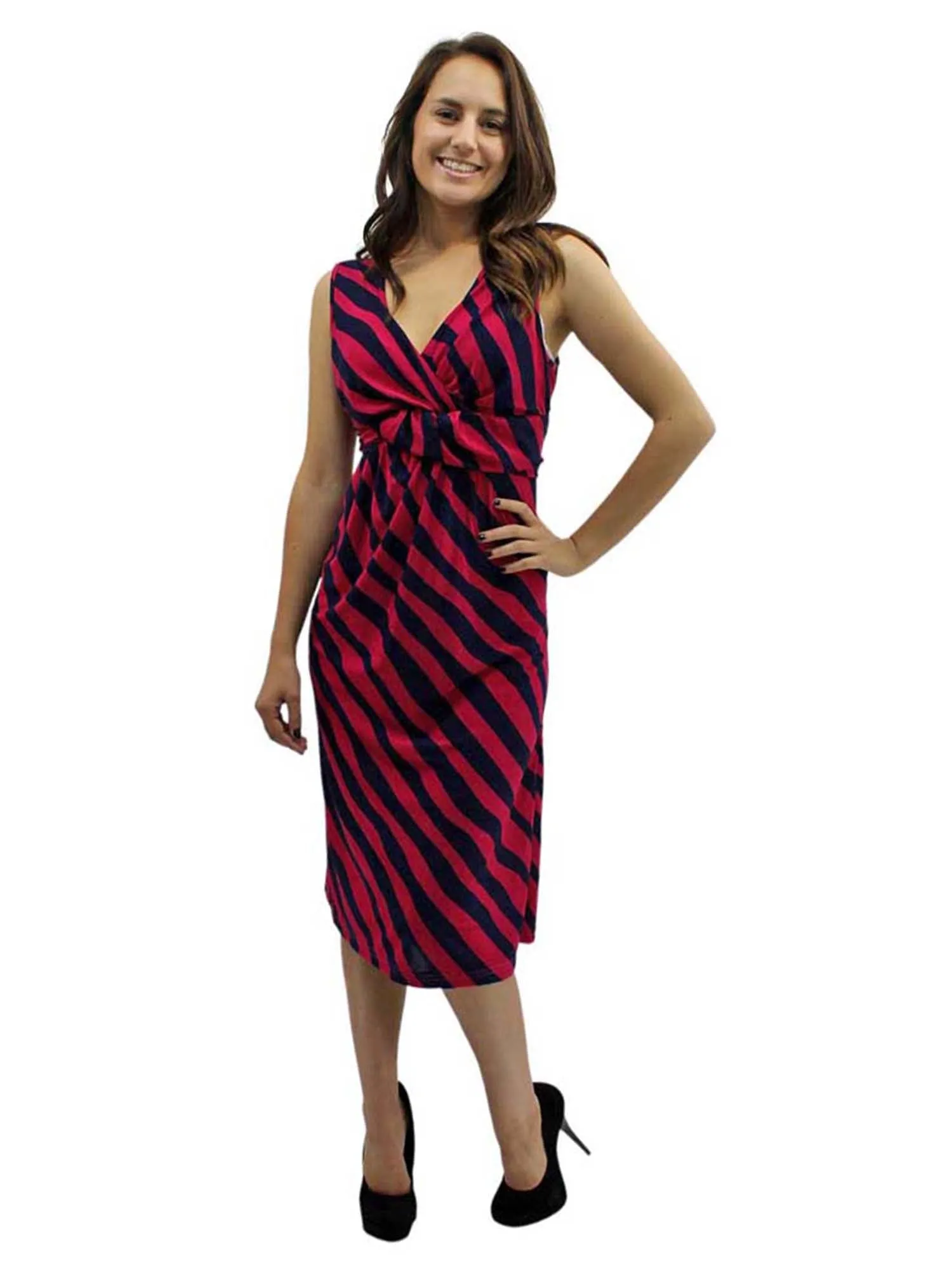 Fuchsia & Navy Blue V-Neck Knotted Striped Sleeveless Midi Dress Size Medium
