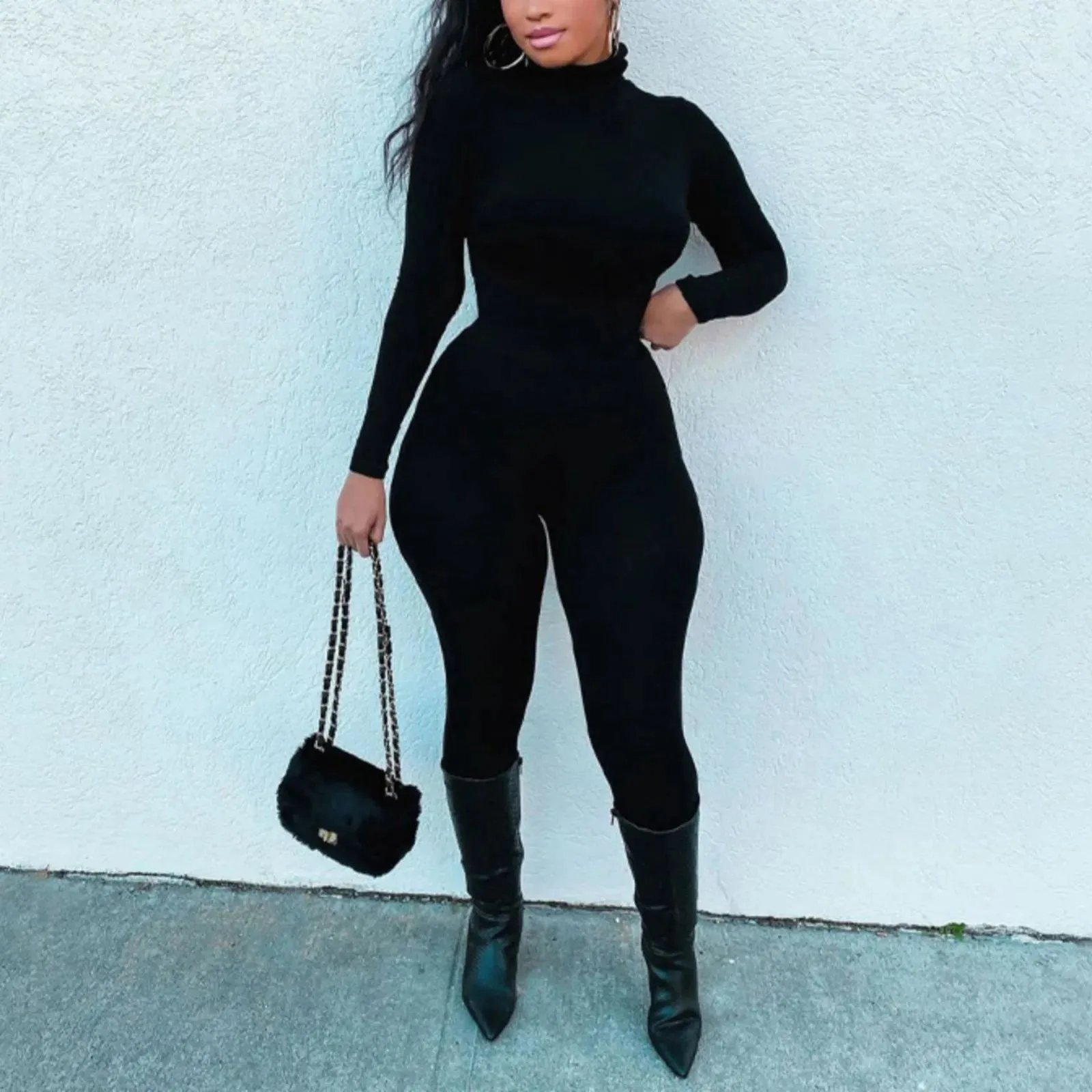 Getadme Black Turtleneck Romper Sexy Bodycon Jumpsuit Streetwear Autumn Winter One Piece Fitness Sports Bodysuits Velvet Yo-ga Onesie