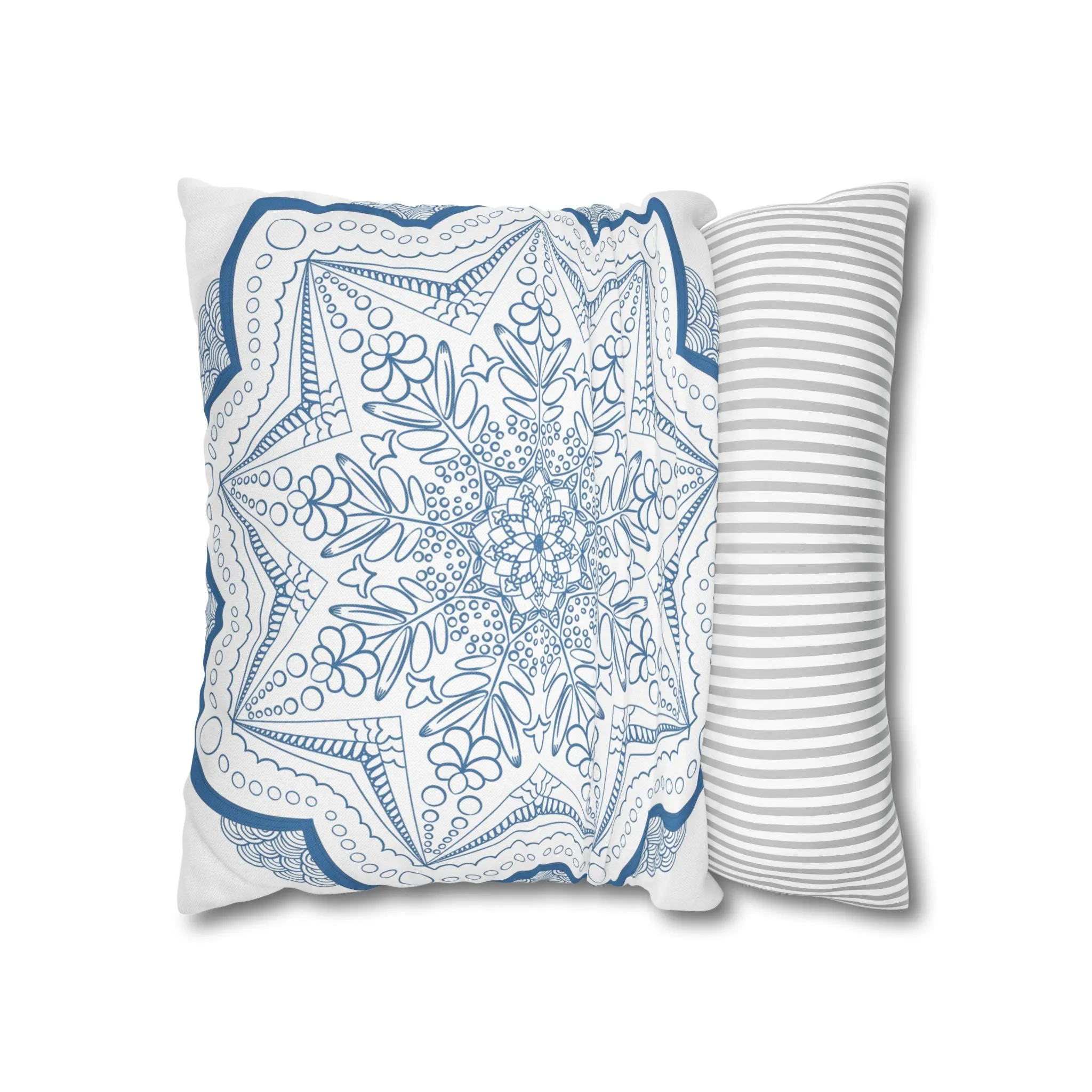 Handmade Mandala Art Pillowcase - Steel Blue on White