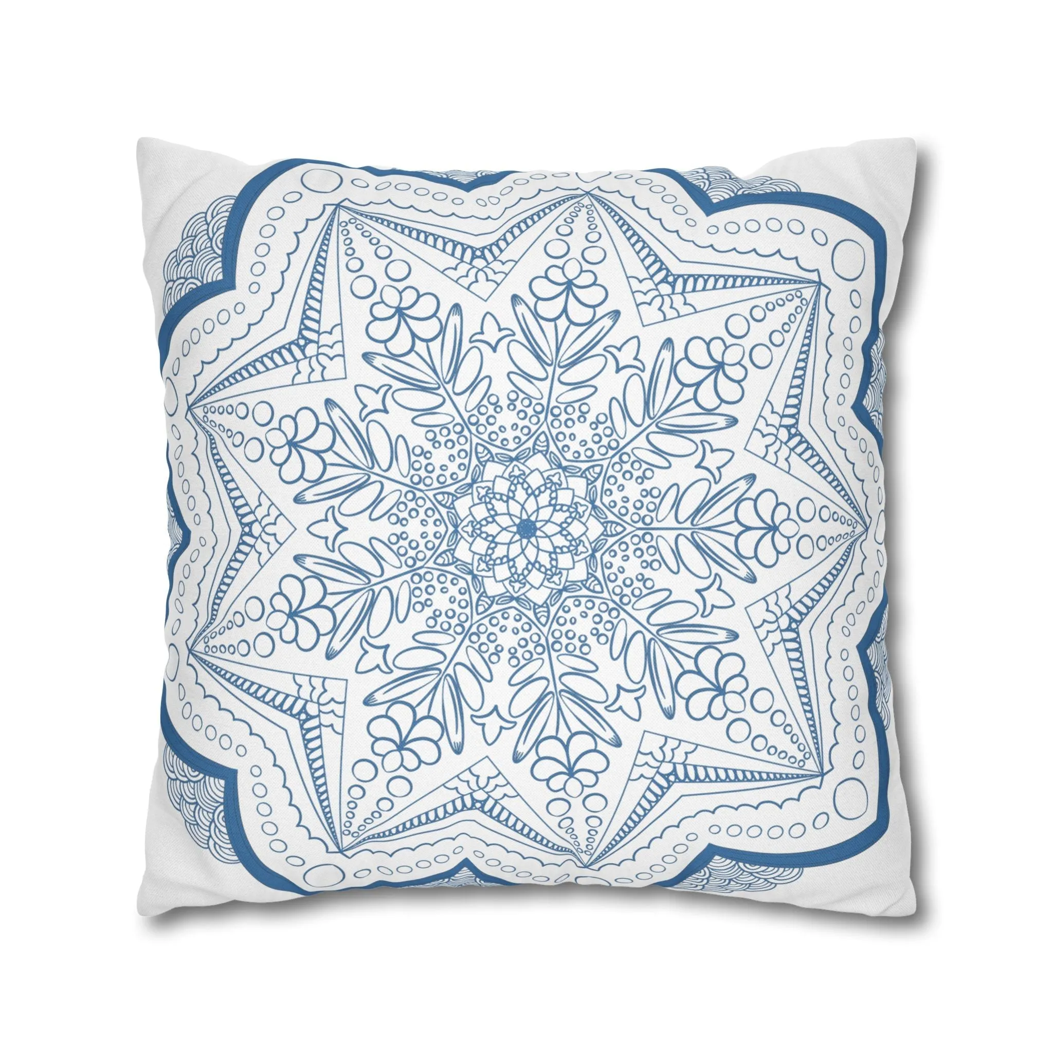 Handmade Mandala Art Pillowcase - Steel Blue on White