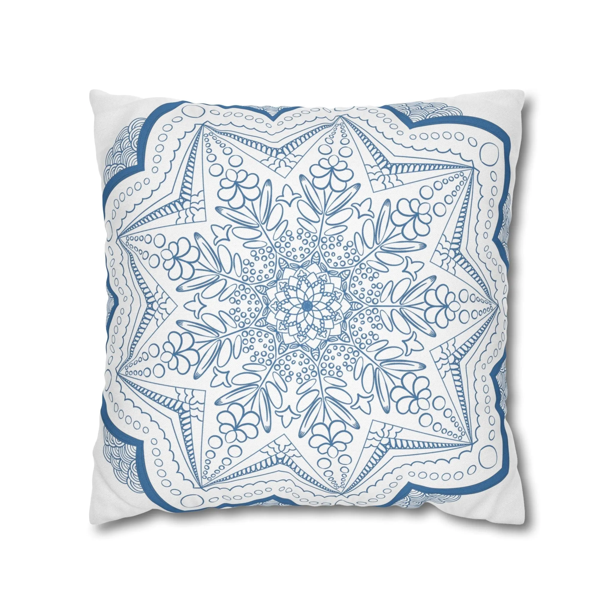 Handmade Mandala Art Pillowcase - Steel Blue on White