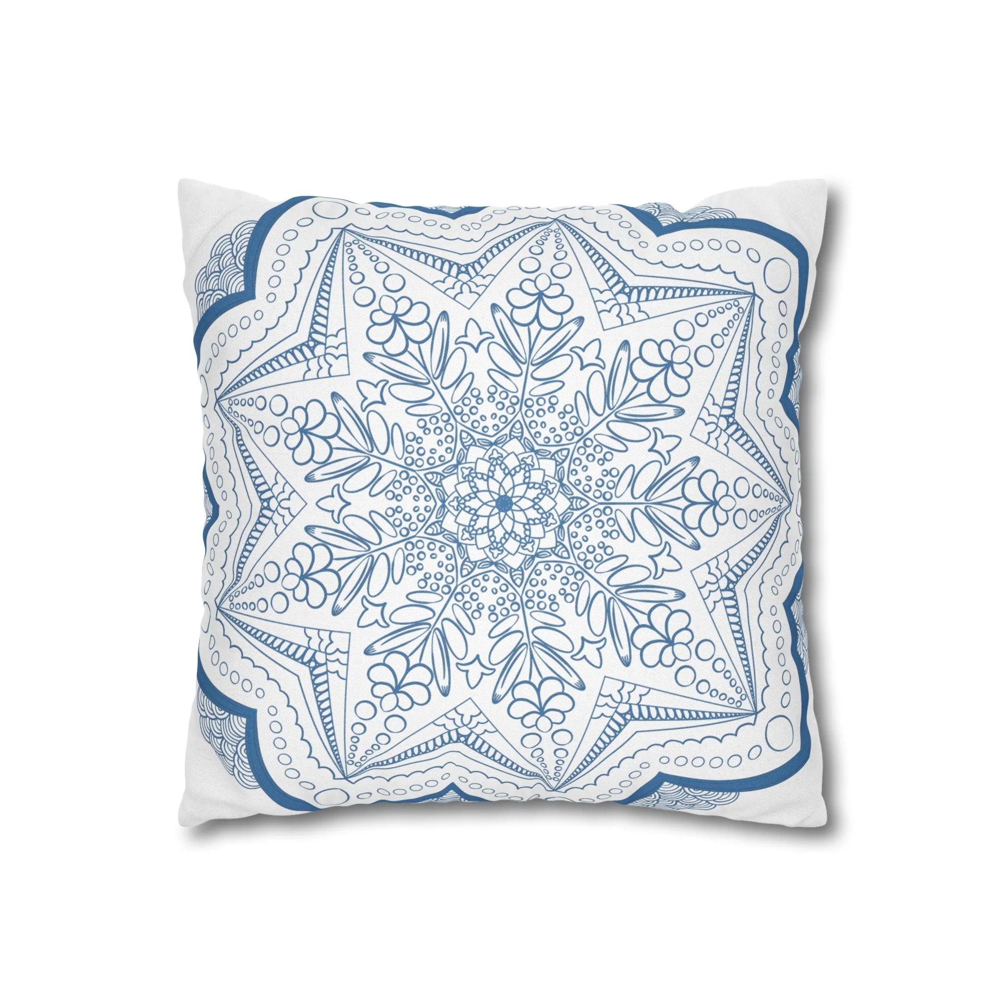 Handmade Mandala Art Pillowcase - Steel Blue on White