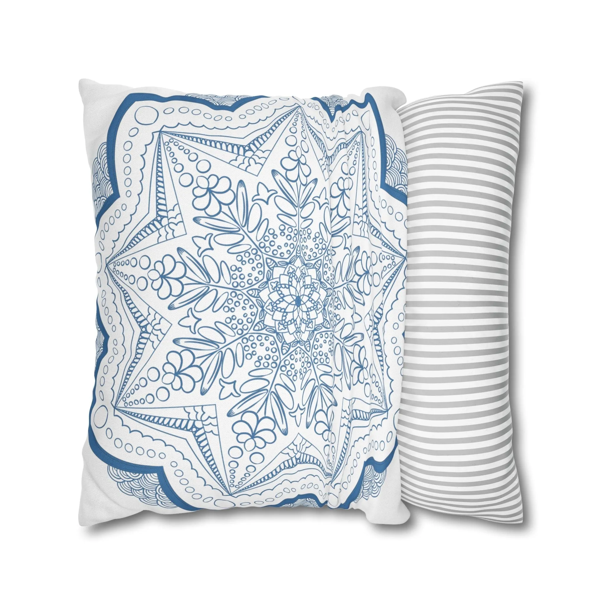 Handmade Mandala Art Pillowcase - Steel Blue on White