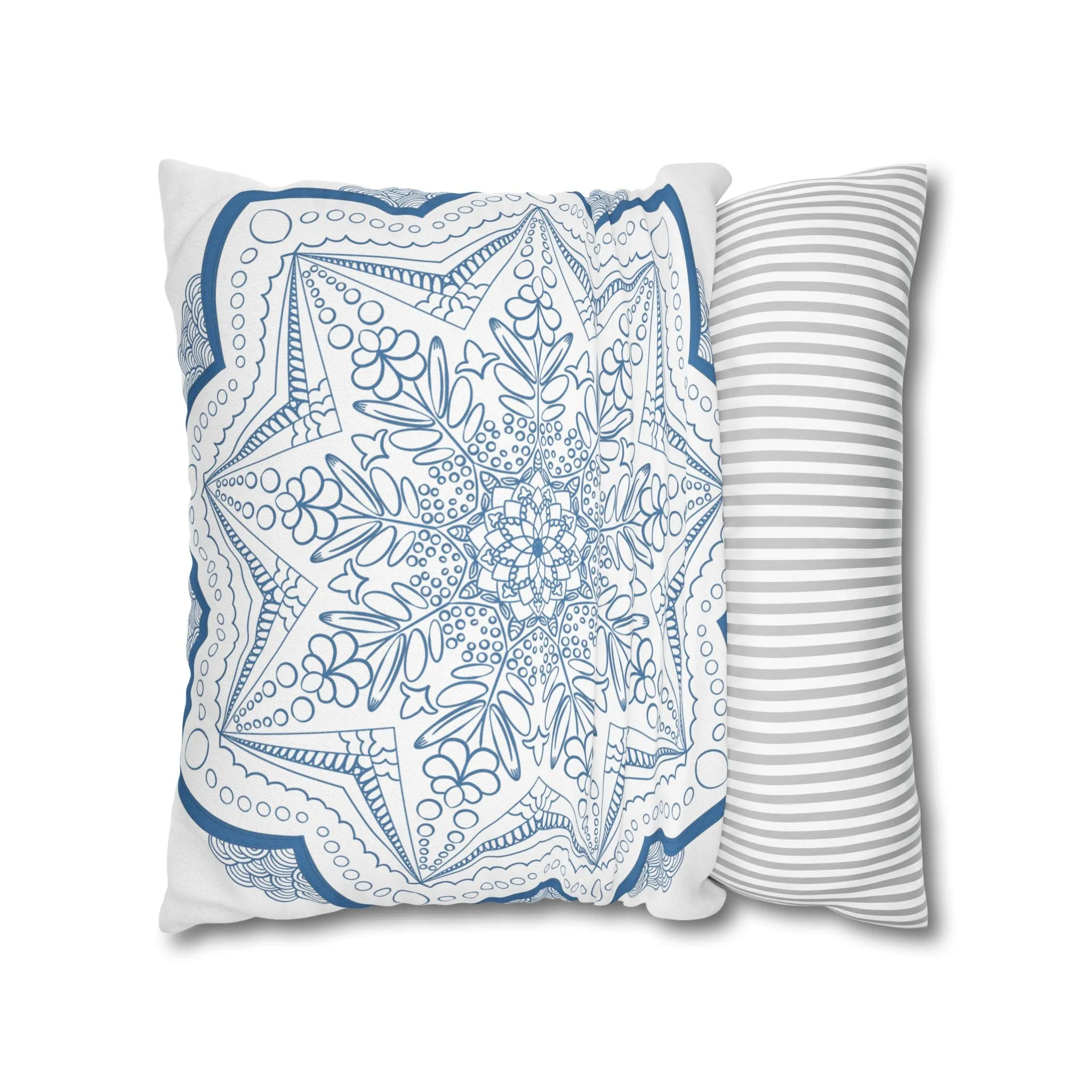 Handmade Mandala Art Pillowcase - Steel Blue on White