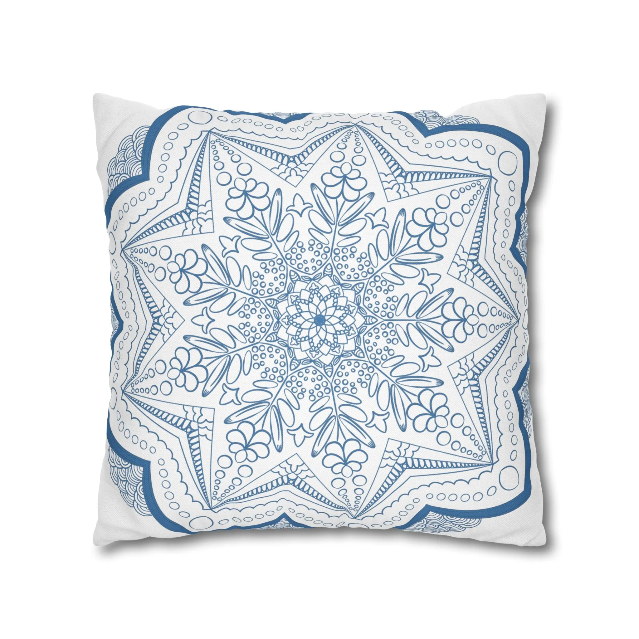 Handmade Mandala Art Pillowcase - Steel Blue on White