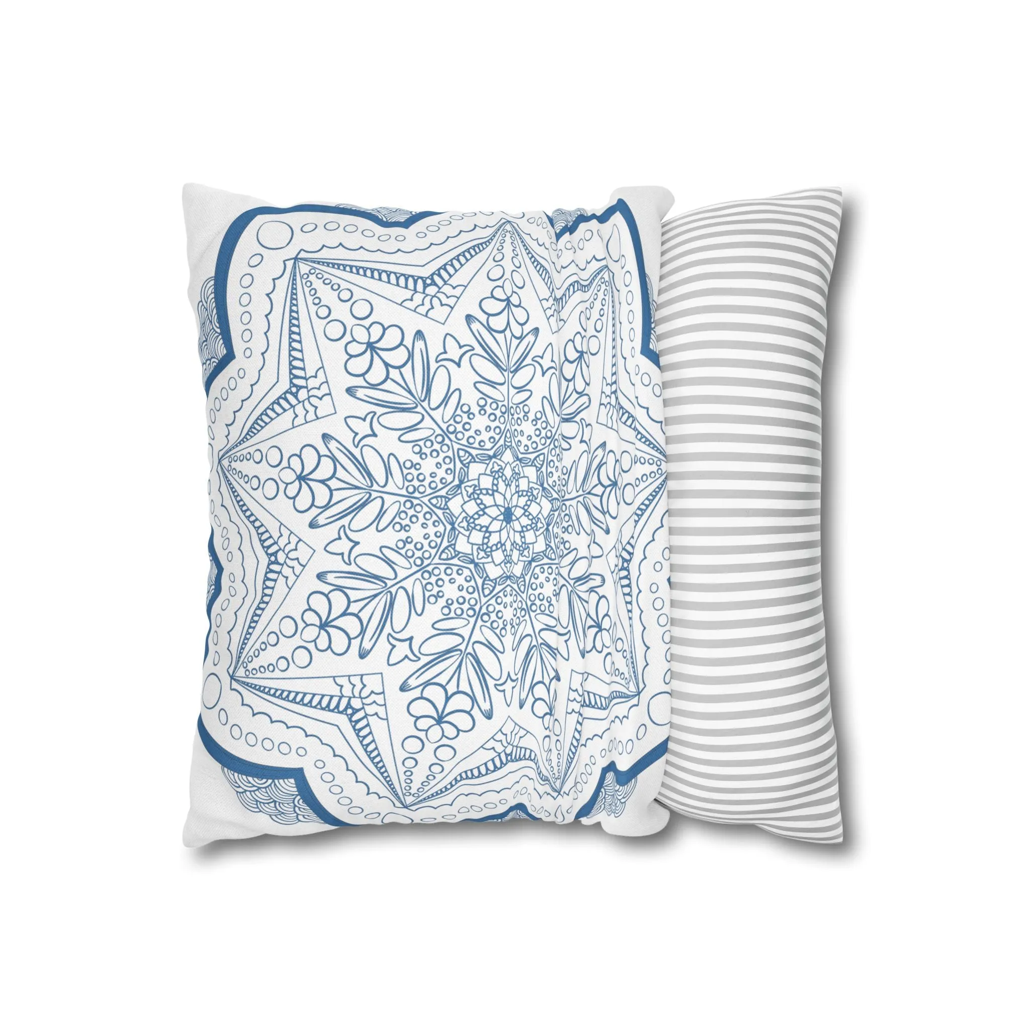 Handmade Mandala Art Pillowcase - Steel Blue on White