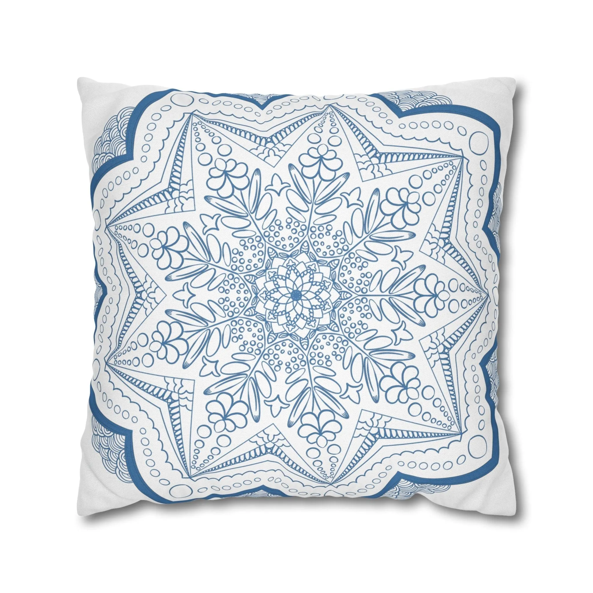Handmade Mandala Art Pillowcase - Steel Blue on White