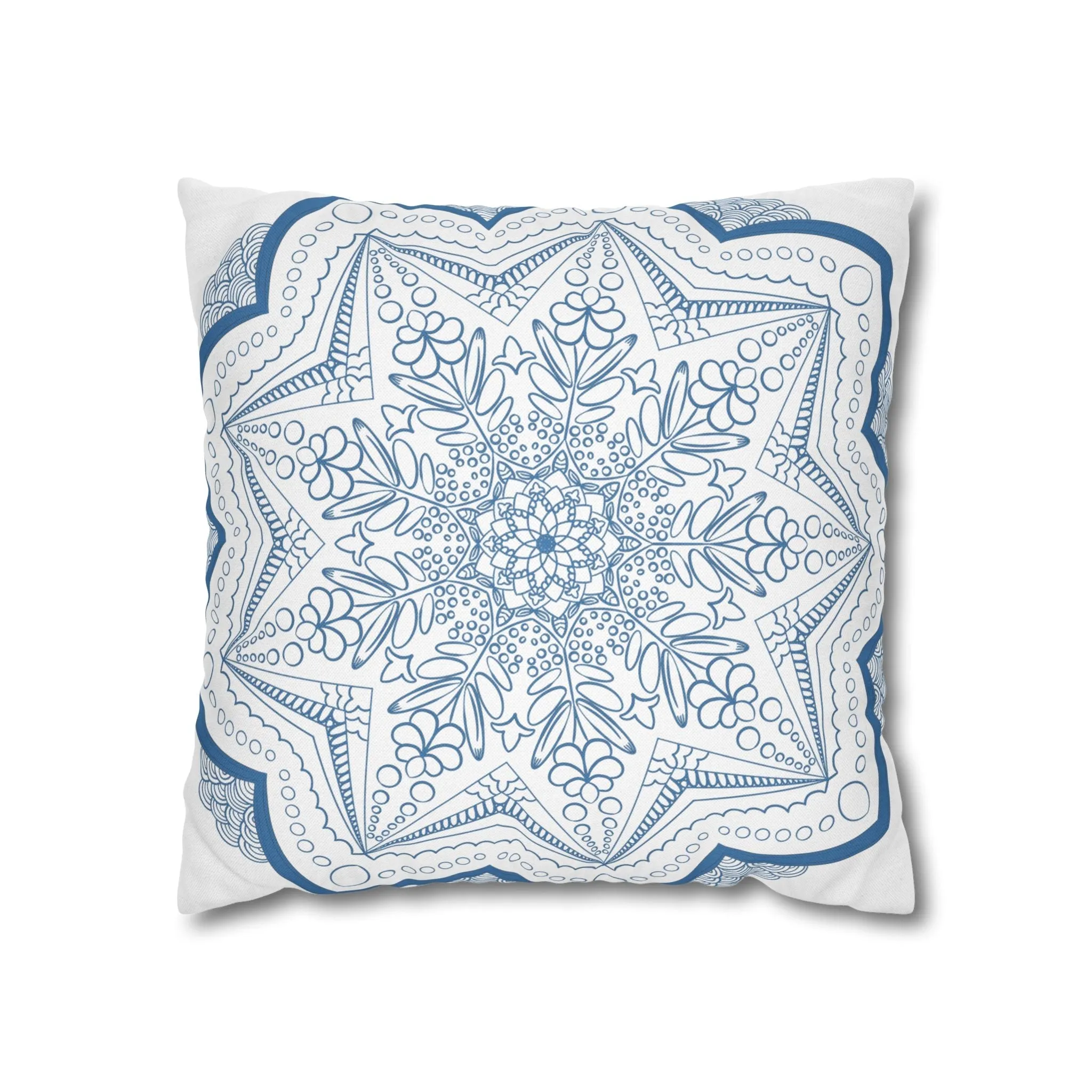 Handmade Mandala Art Pillowcase - Steel Blue on White