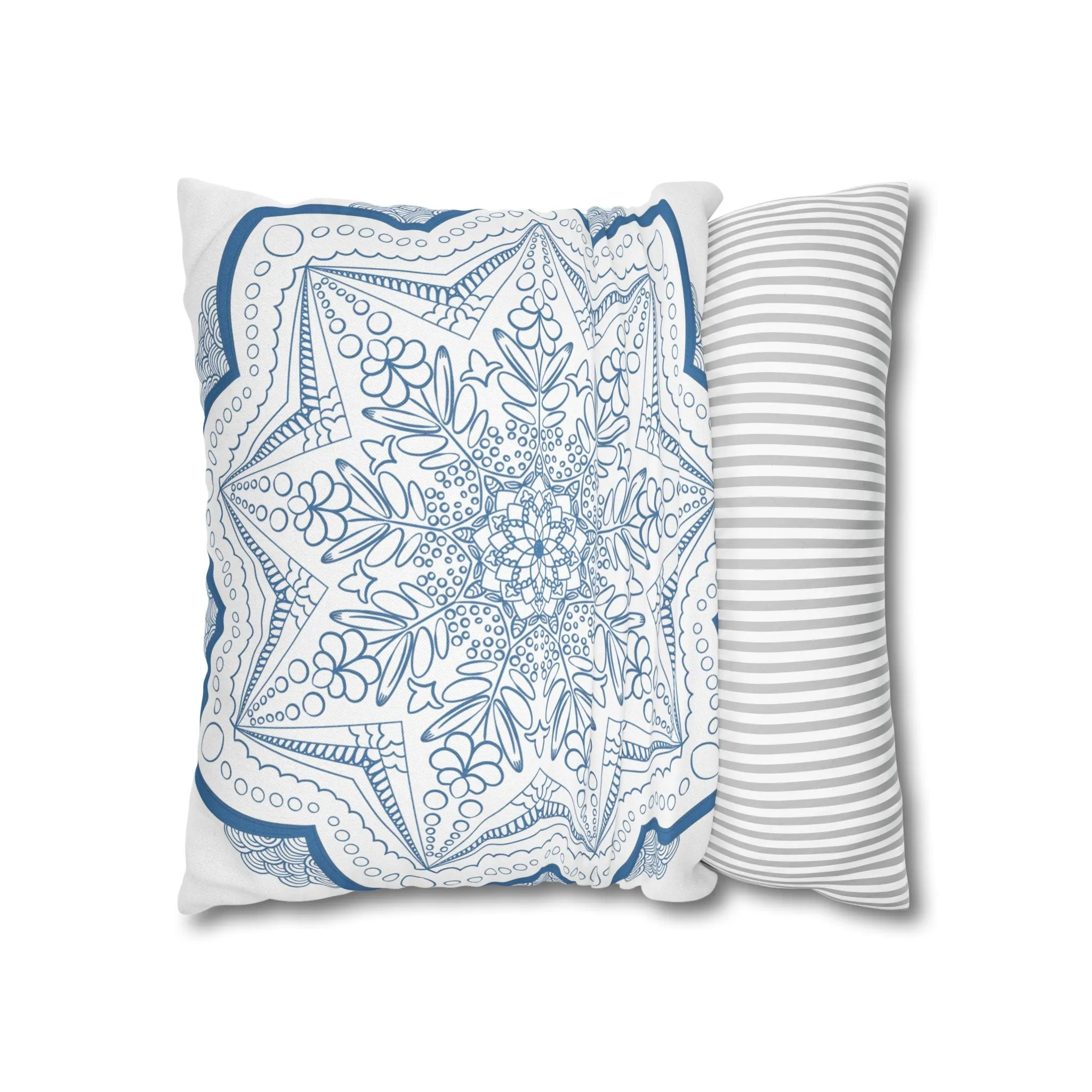Handmade Mandala Art Pillowcase - Steel Blue on White