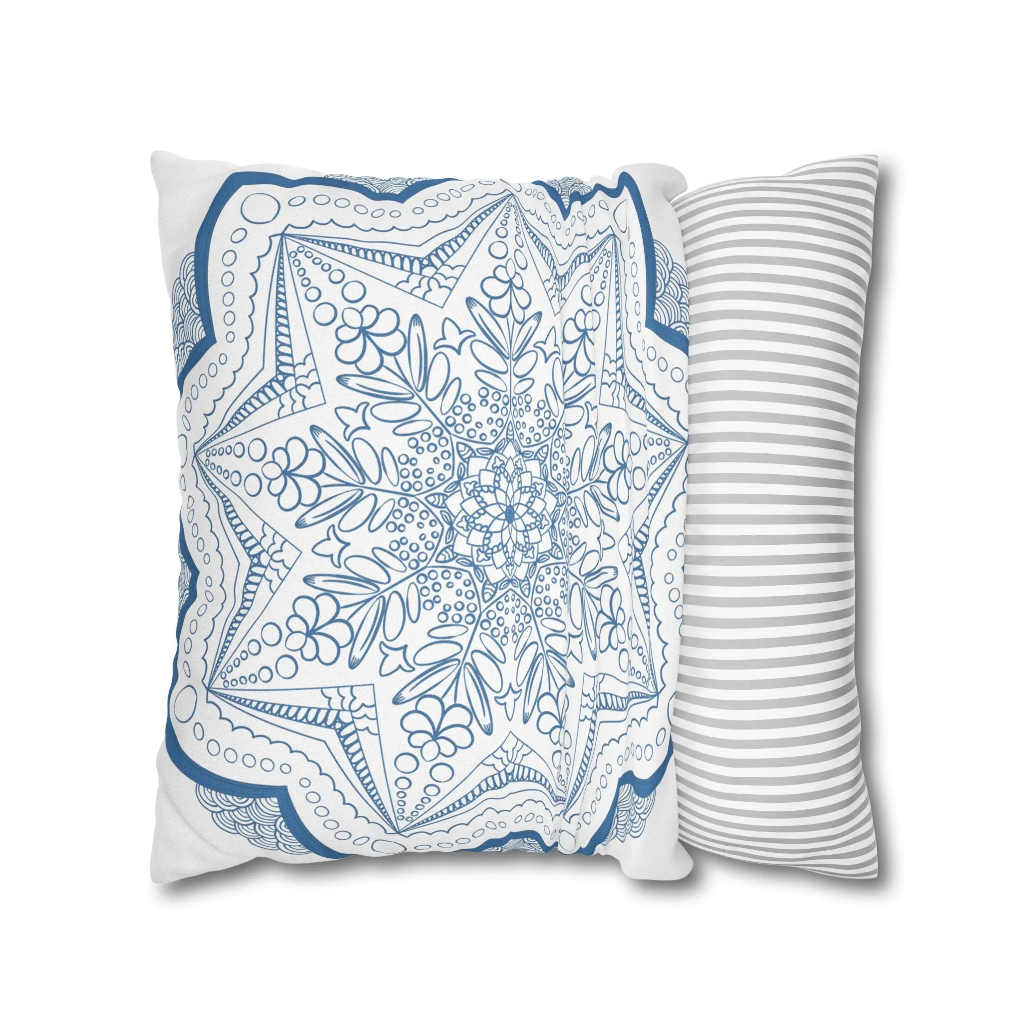 Handmade Mandala Art Pillowcase - Steel Blue on White
