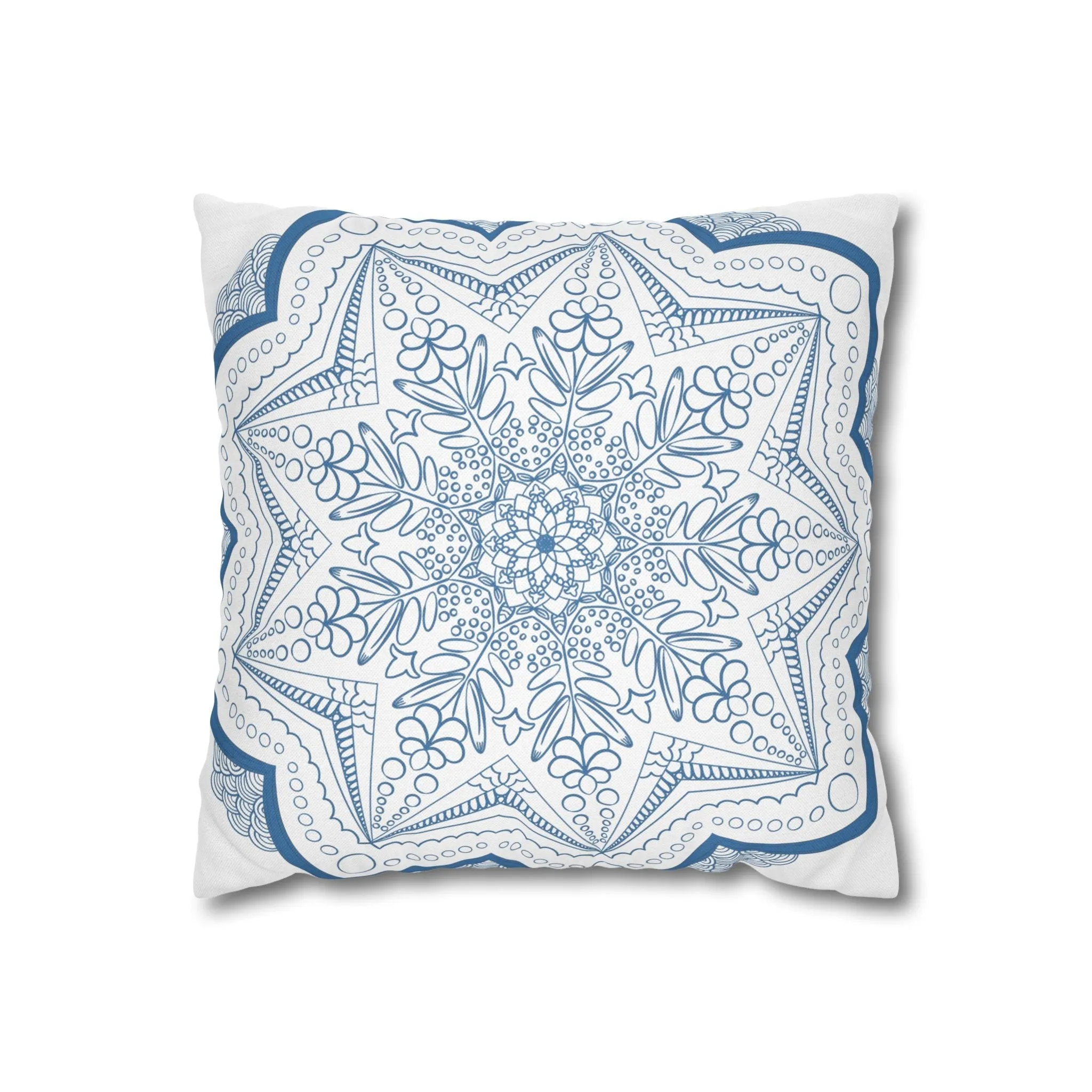 Handmade Mandala Art Pillowcase - Steel Blue on White