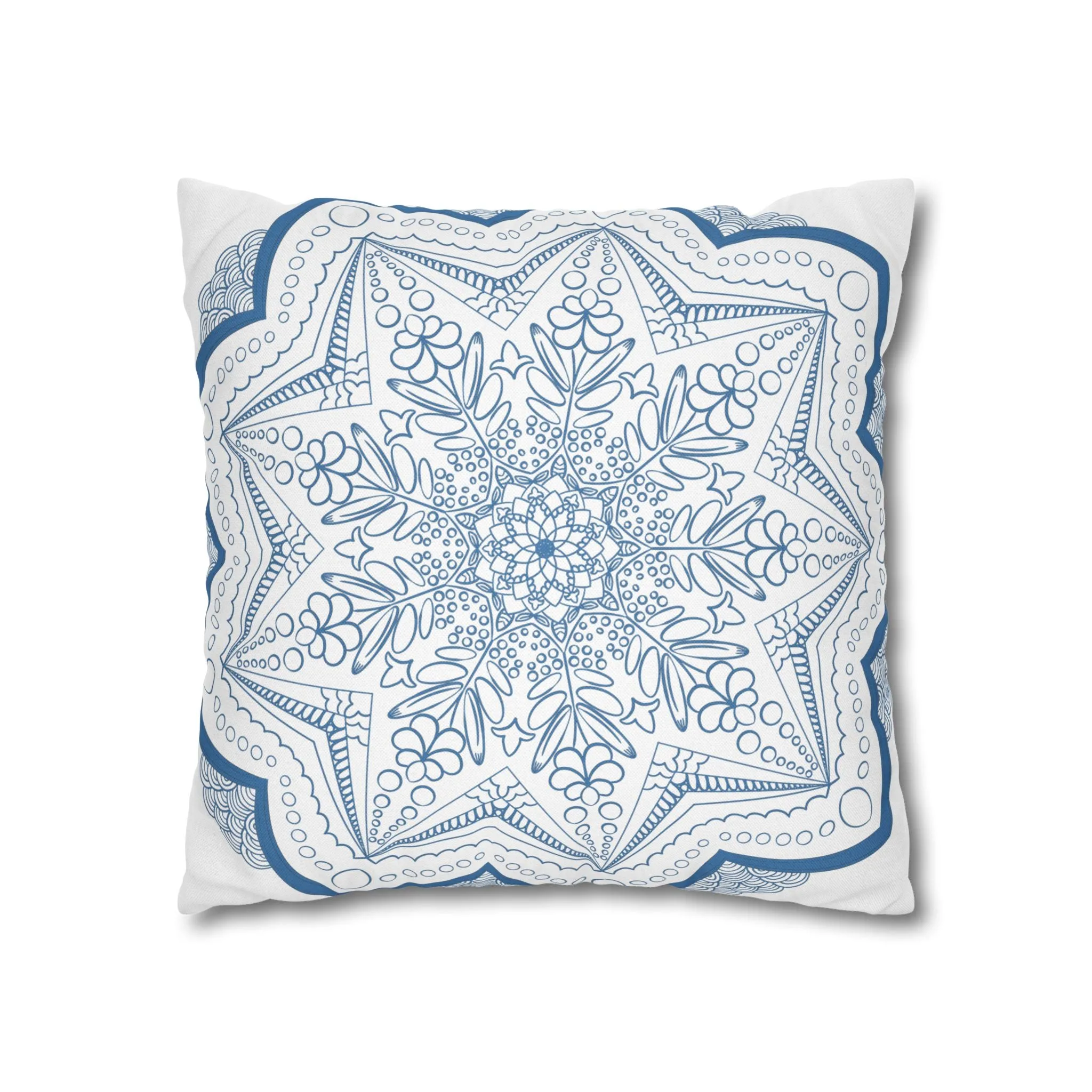 Handmade Mandala Art Pillowcase - Steel Blue on White