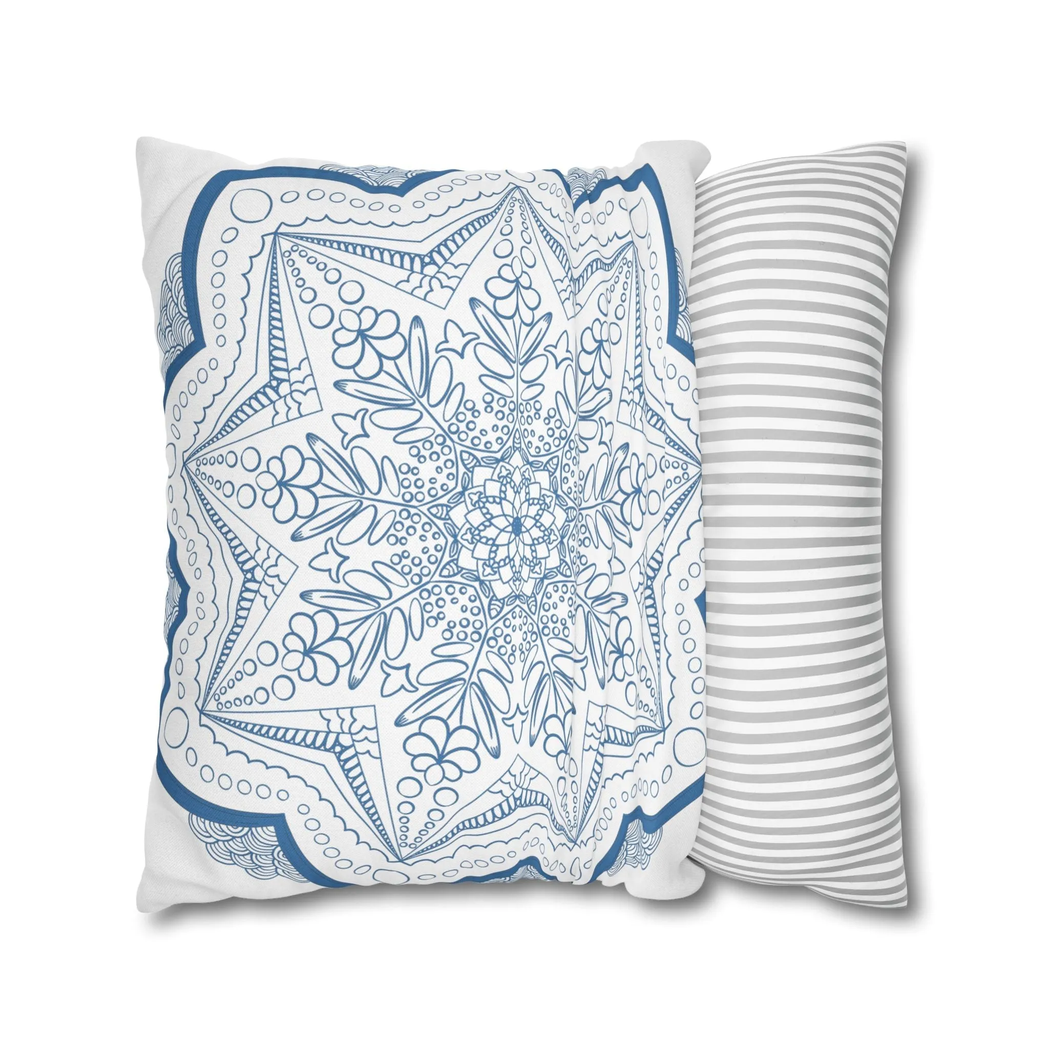Handmade Mandala Art Pillowcase - Steel Blue on White