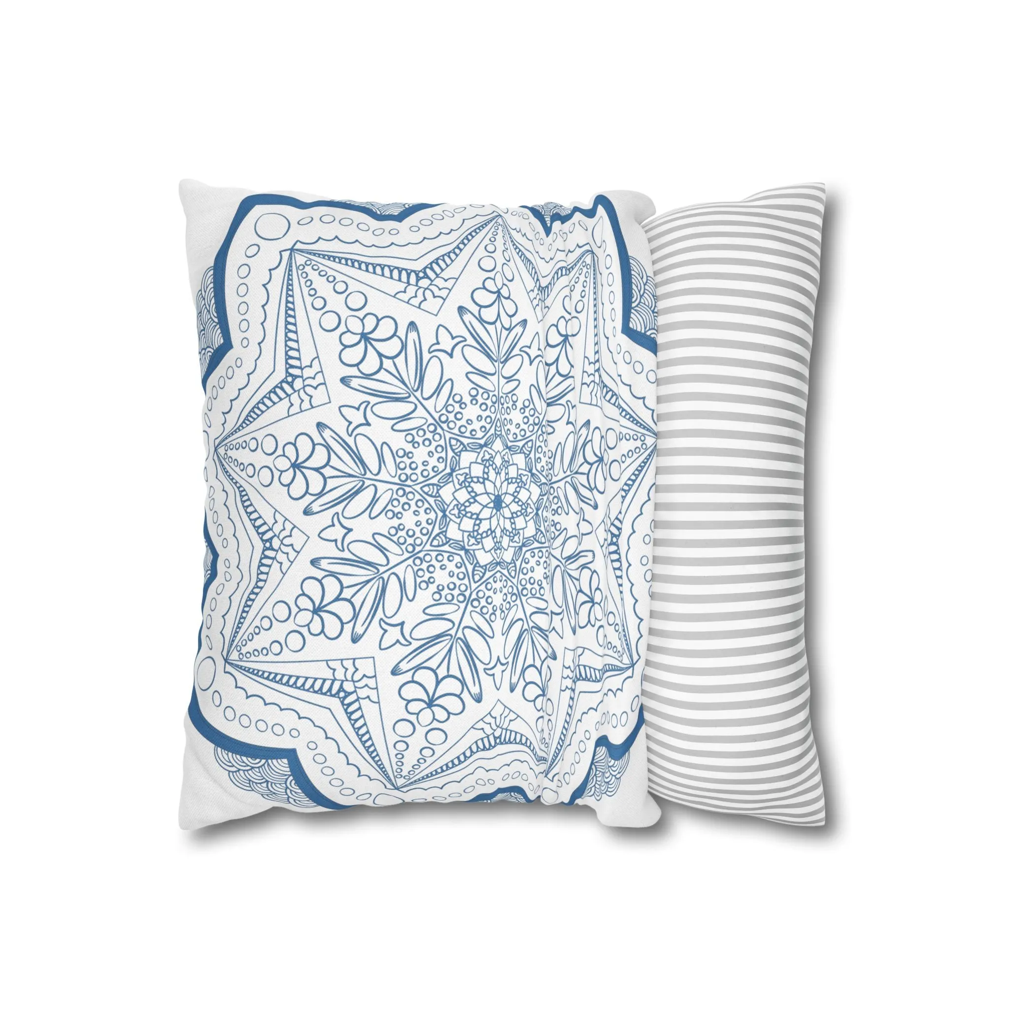 Handmade Mandala Art Pillowcase - Steel Blue on White