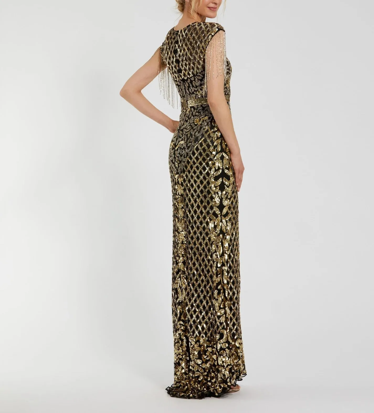 High Neck Sleeveless Beaded Fringe Fitted Gown