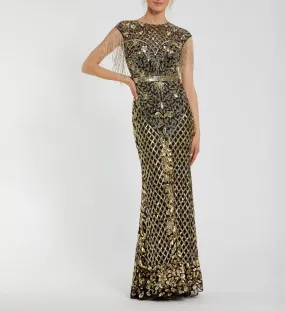 High Neck Sleeveless Beaded Fringe Fitted Gown