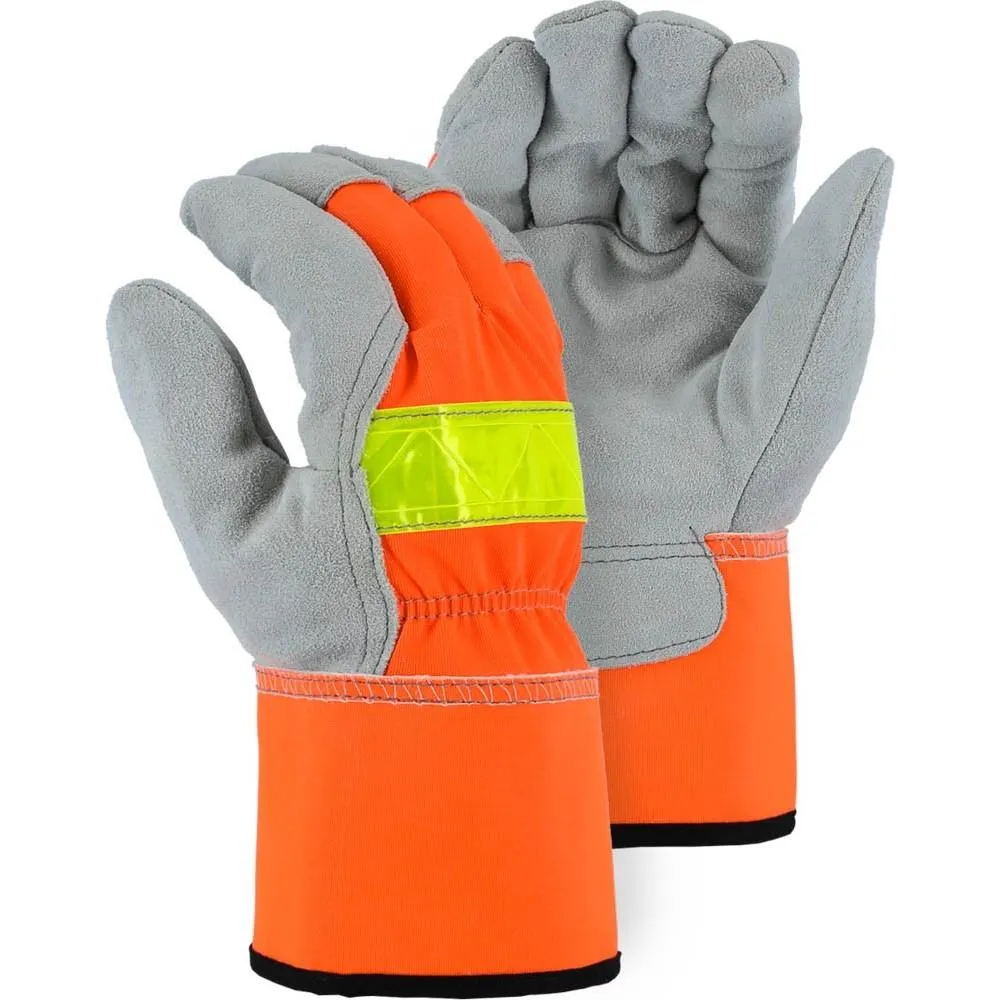 Leather Palm Glove - Split Cowhide, Winter Lined, 3M Reflective High Visibility, Wing Thumb, Safety Cuff (PK 12 Pairs)