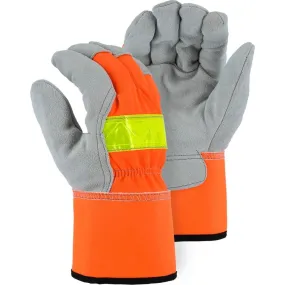 Leather Palm Glove - Split Cowhide, Winter Lined, 3M Reflective High Visibility, Wing Thumb, Safety Cuff (PK 12 Pairs)