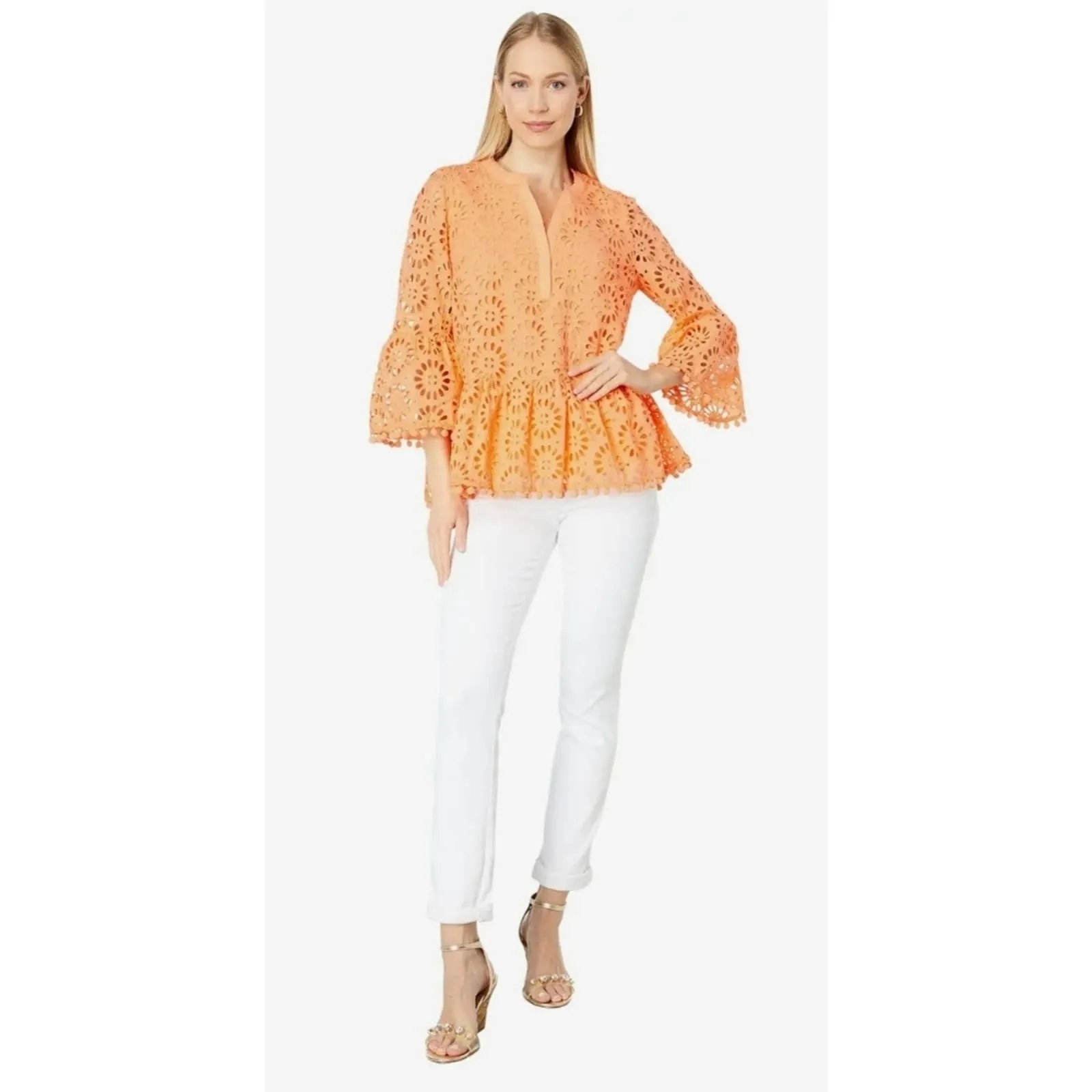 Lilly Pulitzer Bekah Top Cantaloupe Oversized Pinwheel Eyelet LG