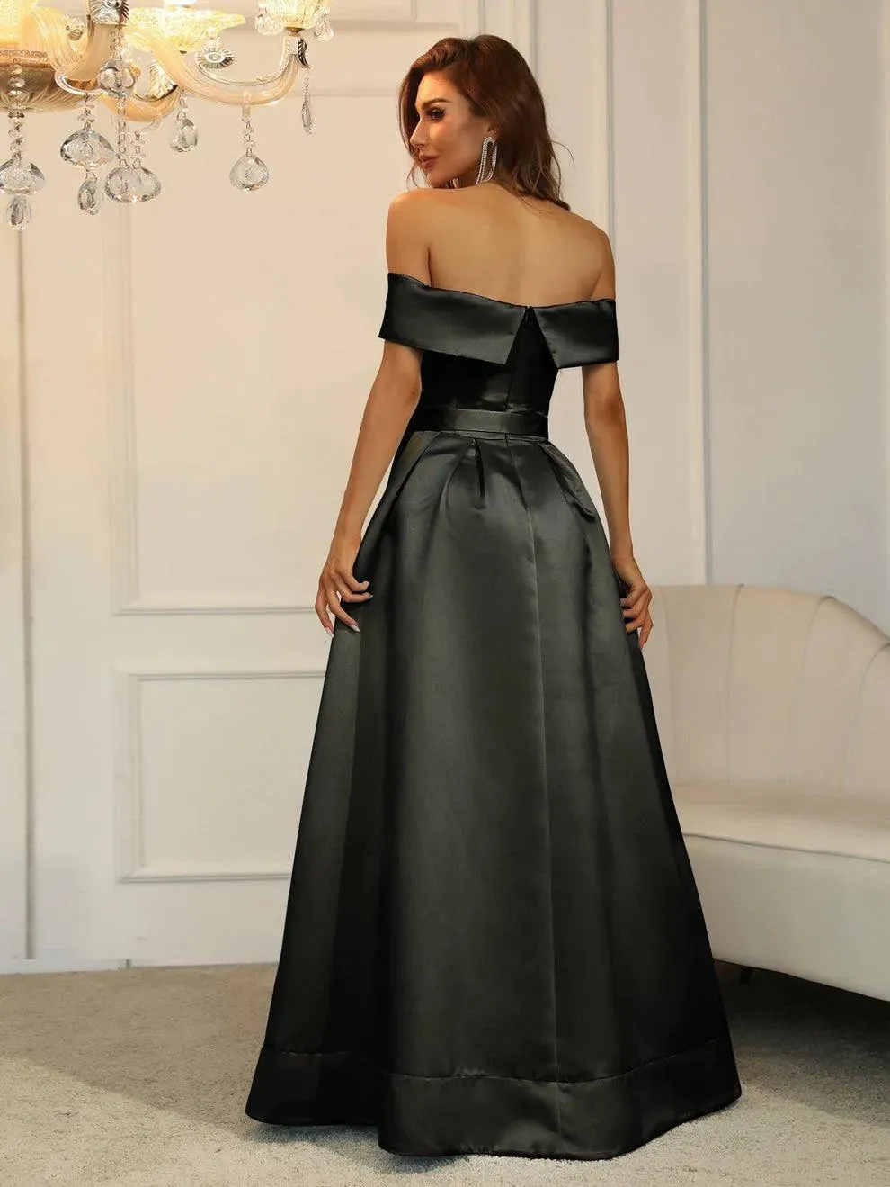 Off Shoulder Buckle Belted Satin Ball Gown