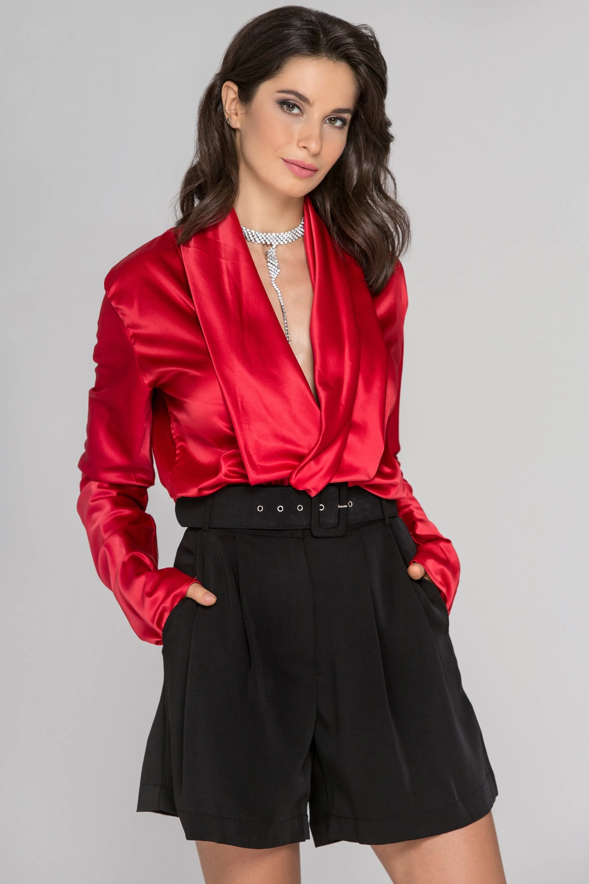 Red Sleeved Satin Front Drape Top