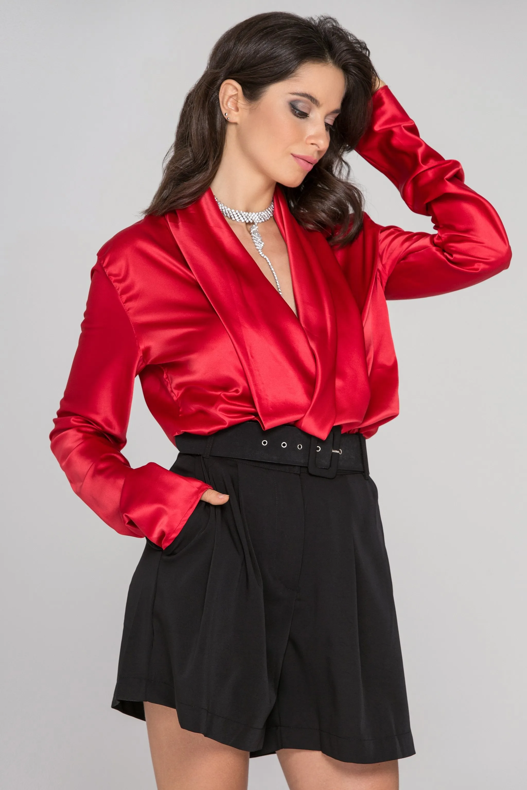Red Sleeved Satin Front Drape Top
