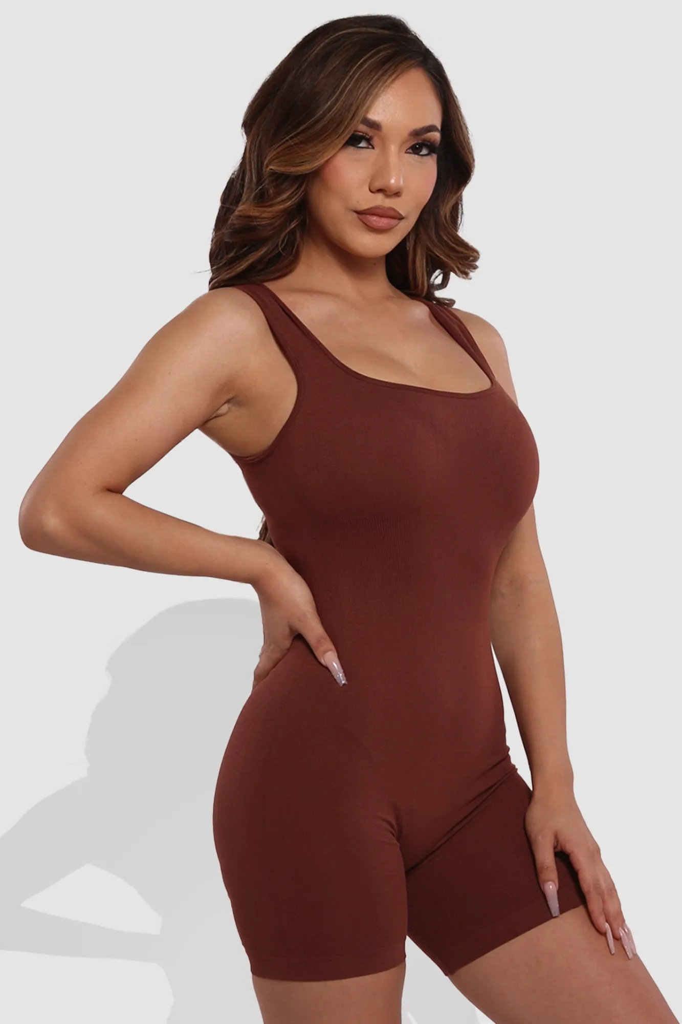 Seamless Rib Knit Romper Bodysuit - Chocolate Brown