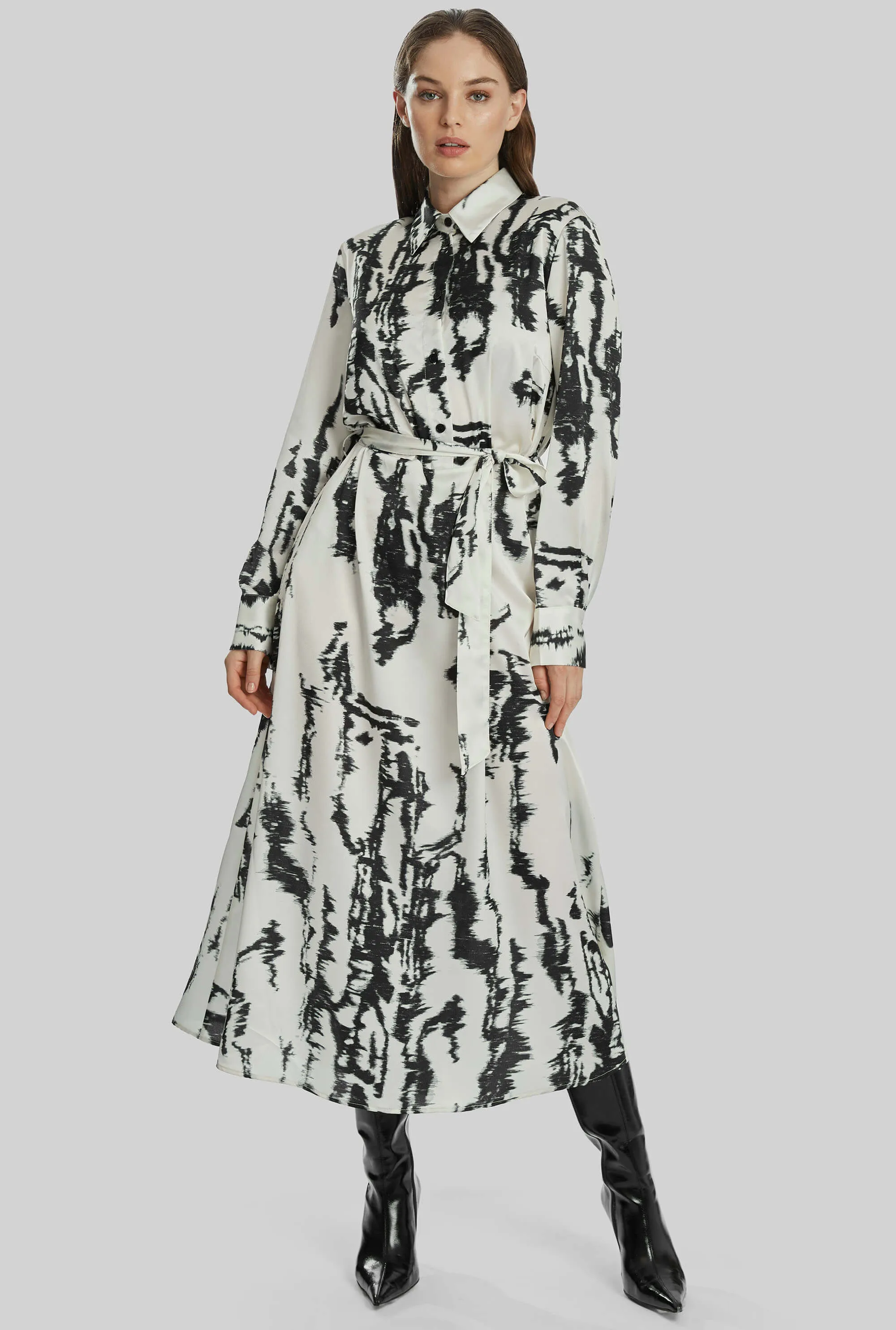 Tie Dye Satin Belted Midi Dress In Black-White