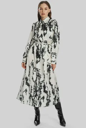 Tie Dye Satin Belted Midi Dress In Black-White