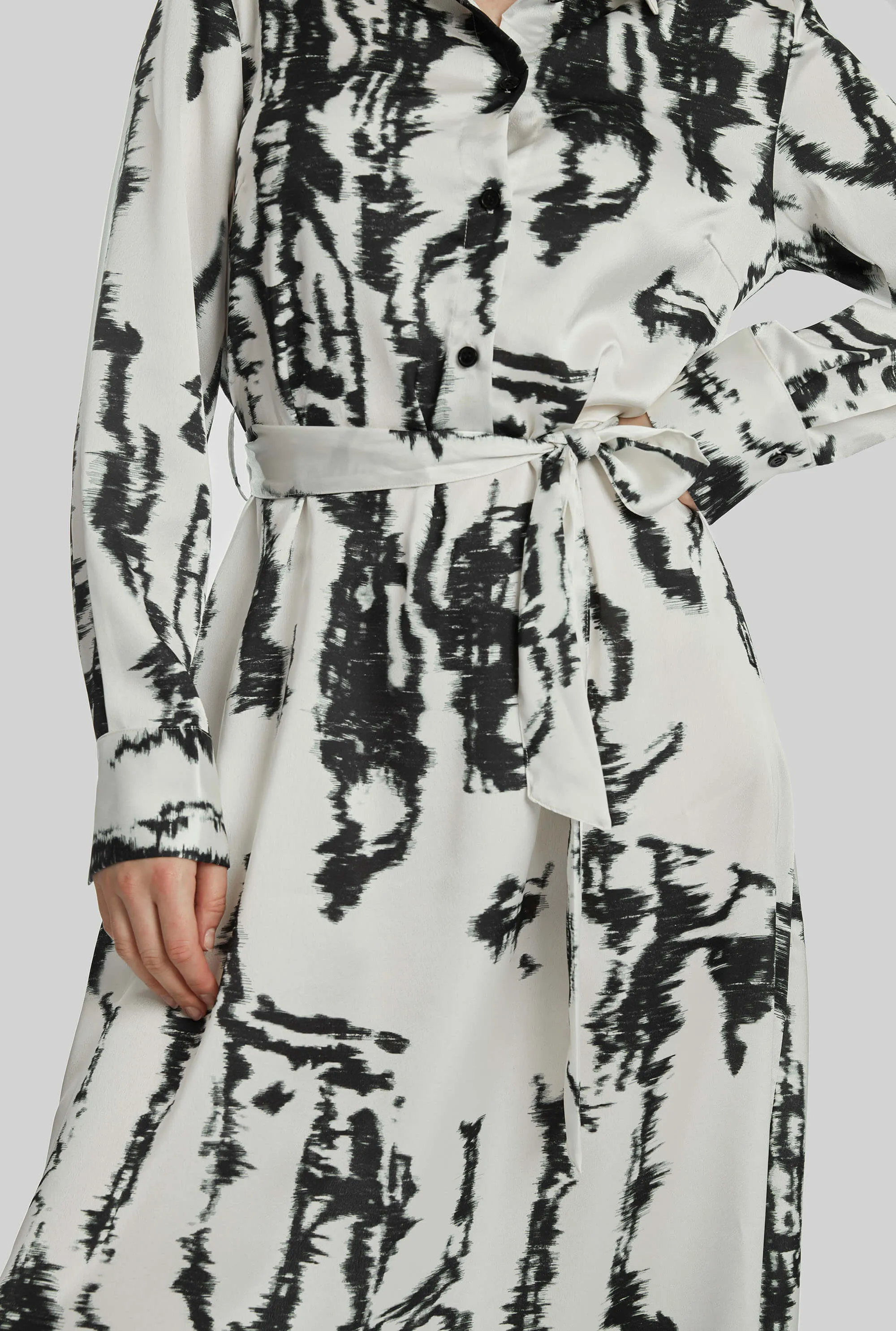 Tie Dye Satin Belted Midi Dress In Black-White