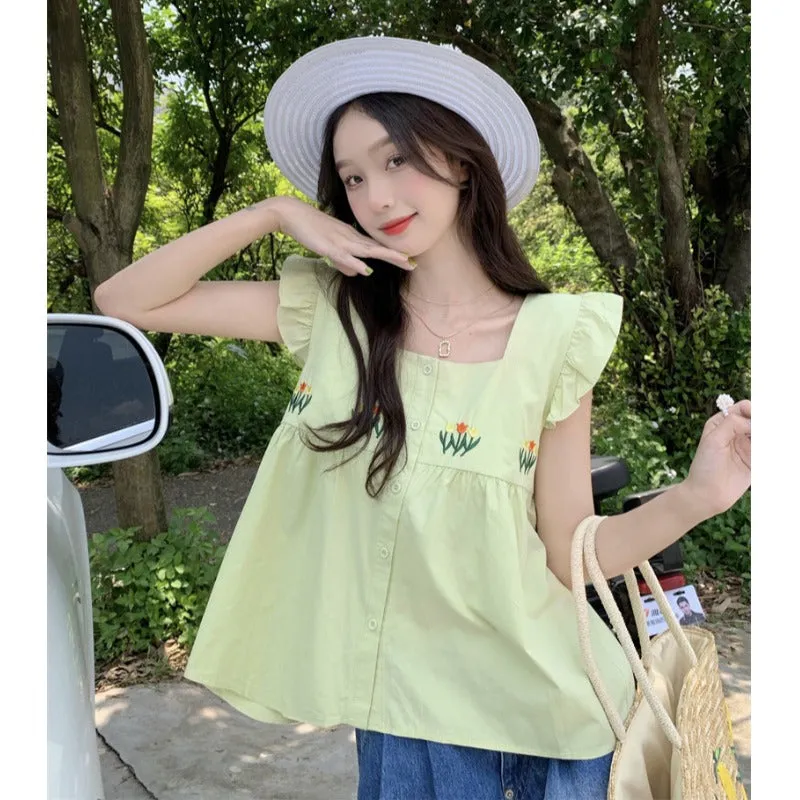 Women's Cute Floral Embroidered Ruffled Tank Top