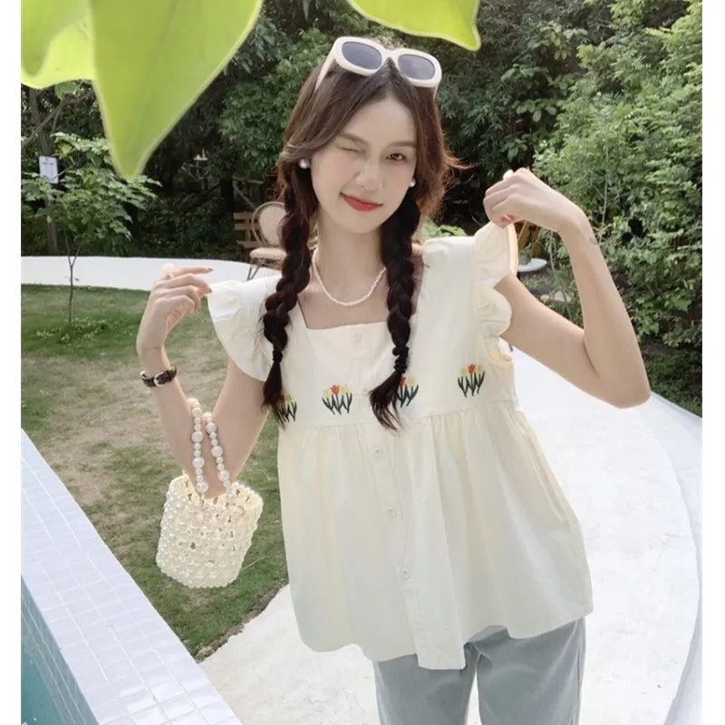 Women's Cute Floral Embroidered Ruffled Tank Top