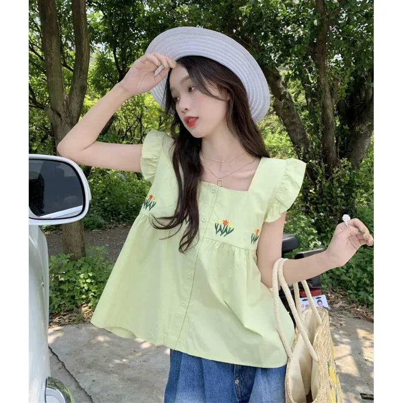 Women's Cute Floral Embroidered Ruffled Tank Top