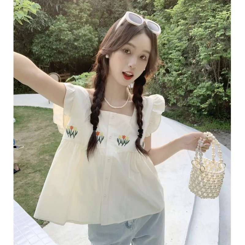 Women's Cute Floral Embroidered Ruffled Tank Top