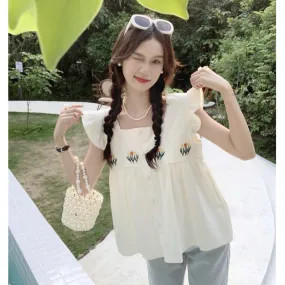Women's Cute Floral Embroidered Ruffled Tank Top